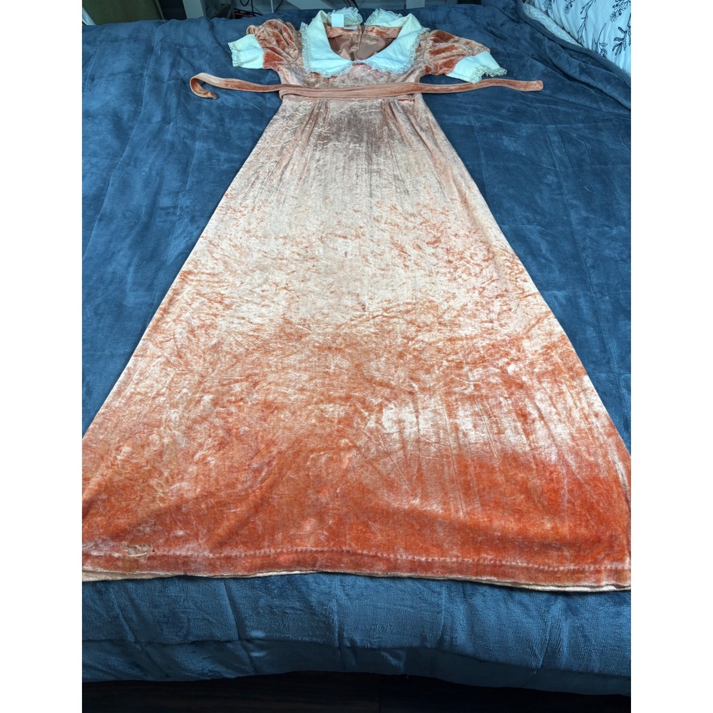 Vintage Peach Crushed Velvet Maxi‎ Dress Lace Peter Pan Collar Empire Waist 70s